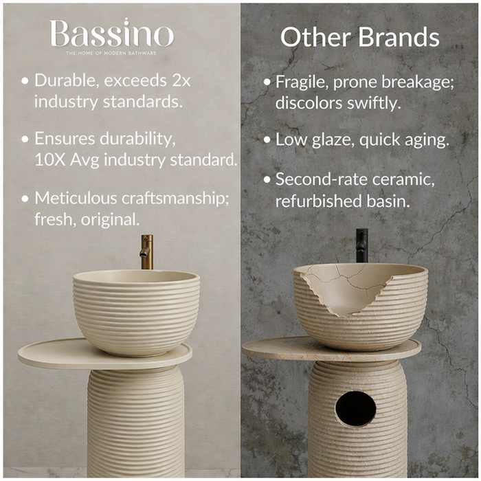 Luxury Pedestal Wash Basin with Side Shelf | Artificial Stone Freestanding Basin | 24″ × 16″ × 34″ In Ivory