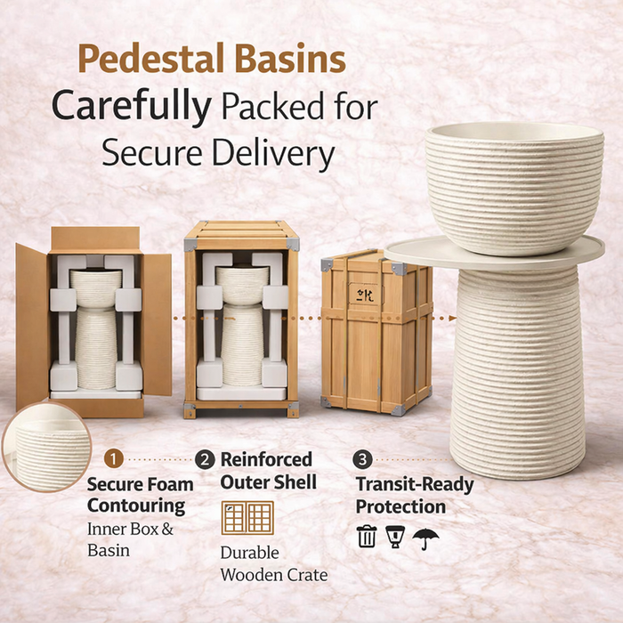 Luxury Pedestal Wash Basin with Side Shelf | Artificial Stone Freestanding Basin | 24″ × 16″ × 34″ In Ivory