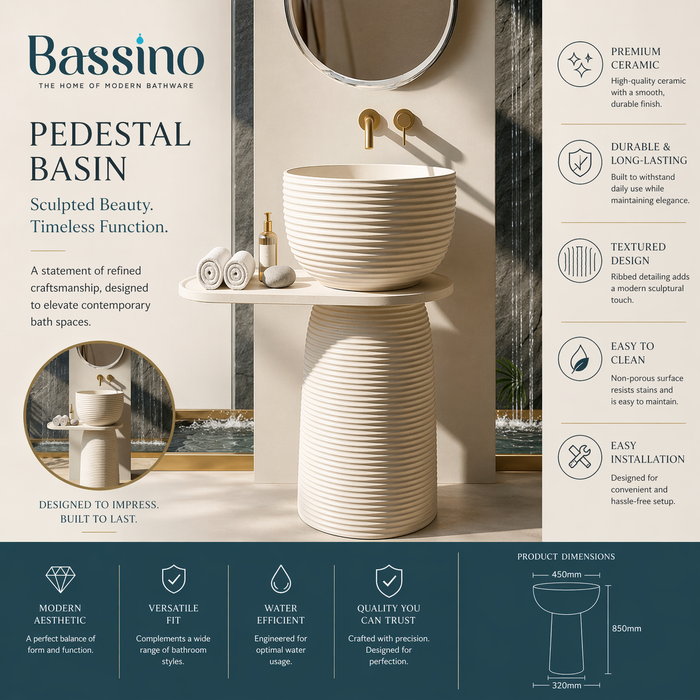 Luxury Pedestal Wash Basin with Side Shelf | Artificial Stone Freestanding Basin | 24″ × 16″ × 34″ In Ivory
