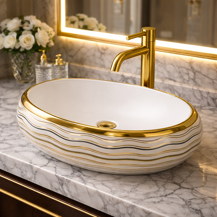 Luxury Ceramic Wash Basin (Gold Rim & Wave Pattern Design 24 x 16 x 6 In - AB002)
