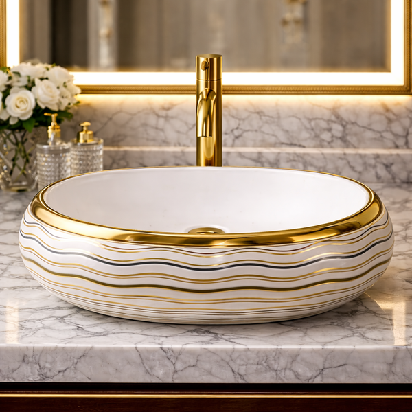 Luxury Ceramic Wash Basin (Gold Rim & Wave Pattern Design 24 x 16 x 6 In - AB002)