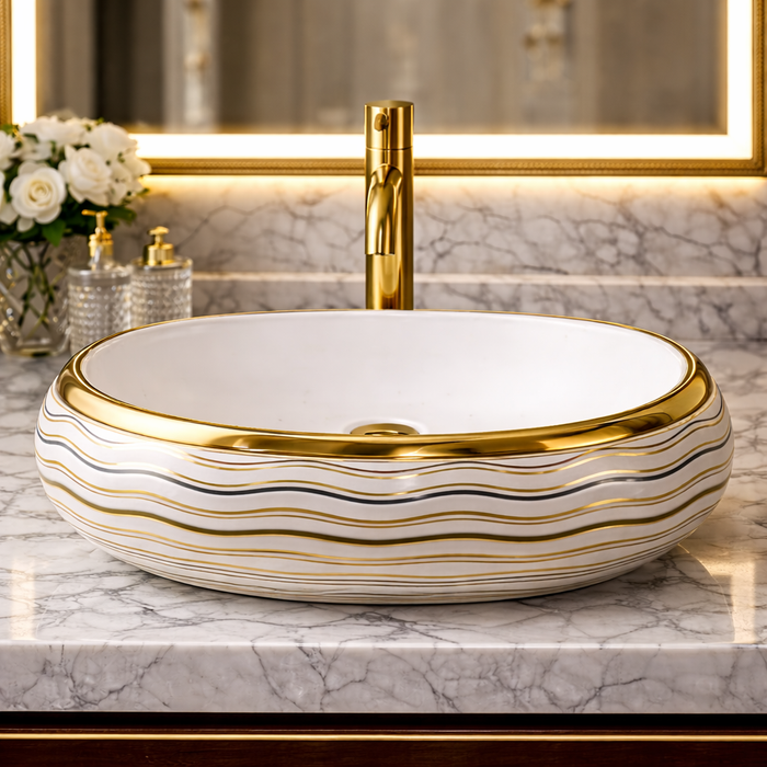 Luxury Ceramic Wash Basin (Gold Rim & Wave Pattern Design 24 x 16 x 6 In - AB002)