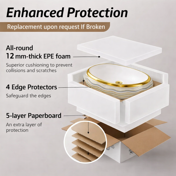 Luxury Ceramic Wash Basin (Gold Rim & Wave Pattern Design 24 x 16 x 6 In - AB002)