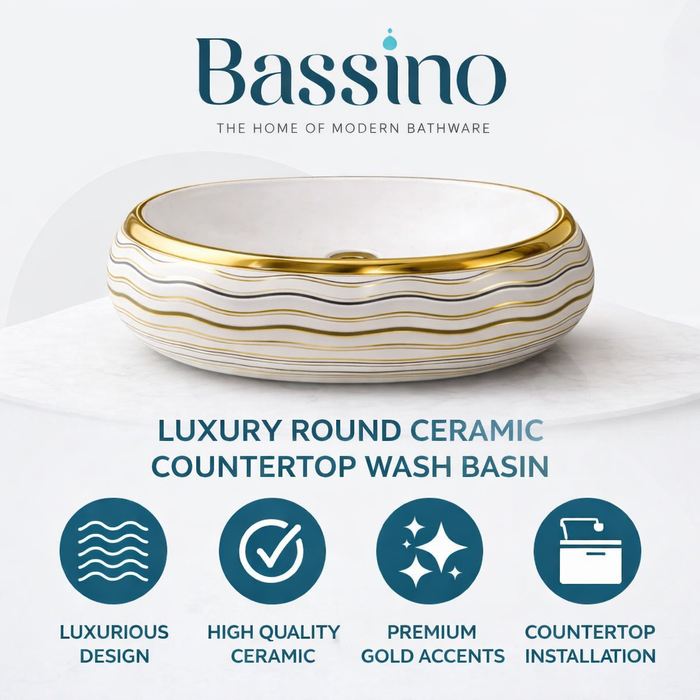 Luxury Ceramic Wash Basin (Gold Rim & Wave Pattern Design 24 x 16 x 6 In - AB002)