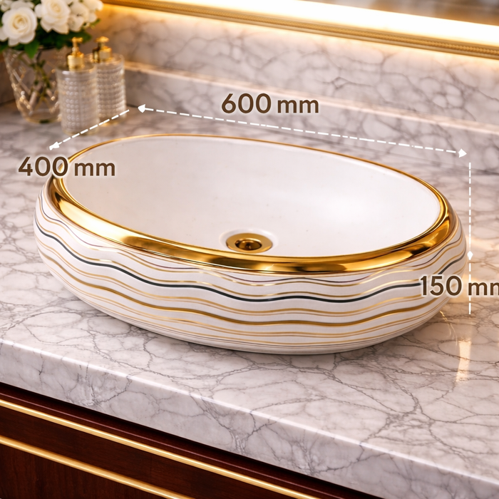 Luxury Ceramic Wash Basin (Gold Rim & Wave Pattern Design 24 x 16 x 6 In - AB002)