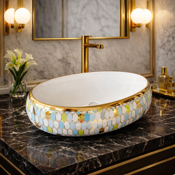 Designer Ceramic Wash Basin (Gold Rim & Mosaic Pattern 24 x 16 x 6 In AB005)
