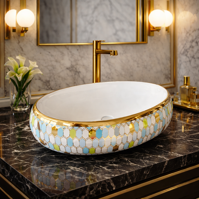 Designer Ceramic Wash Basin (Gold Rim & Mosaic Pattern 24 x 16 x 6 In AB005)