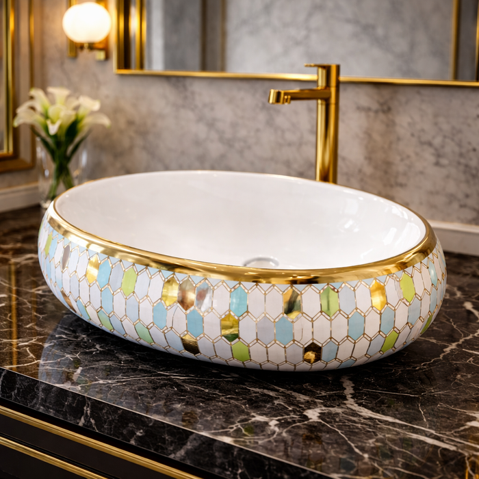 Designer Ceramic Wash Basin (Gold Rim & Mosaic Pattern 24 x 16 x 6 In AB005)