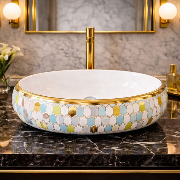 Designer Ceramic Wash Basin (Gold Rim & Mosaic Pattern 24 x 16 x 6 In AB005)