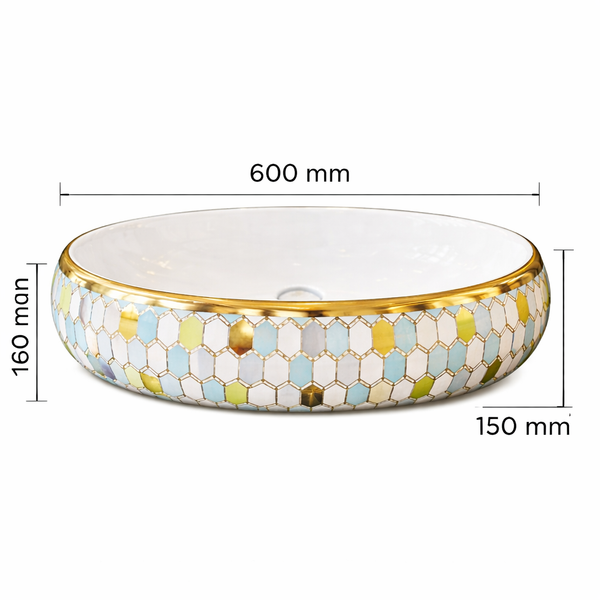 Designer Ceramic Wash Basin (Gold Rim & Mosaic Pattern 24 x 16 x 6 In AB005)