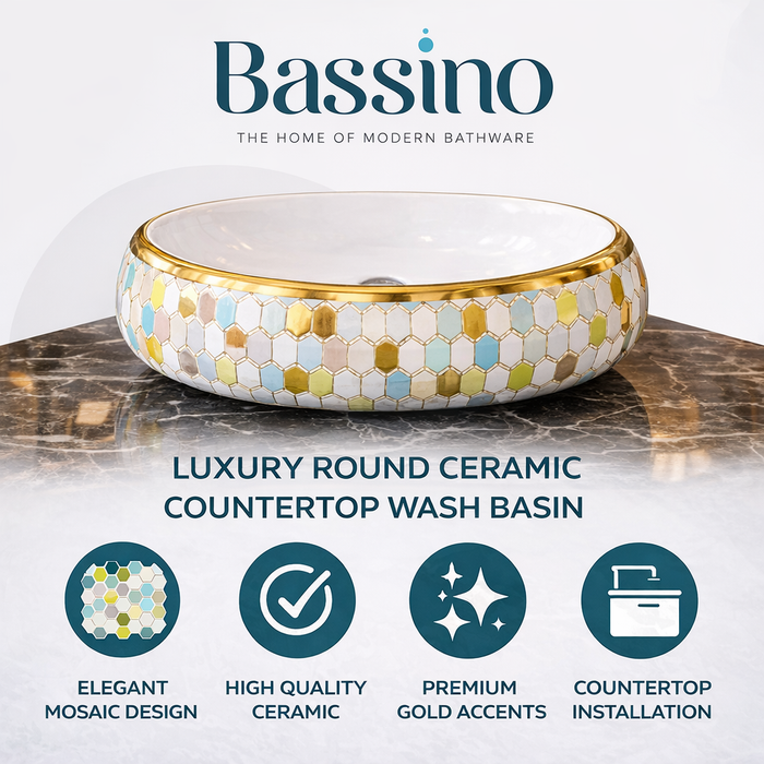 Designer Ceramic Wash Basin (Gold Rim & Mosaic Pattern 24 x 16 x 6 In AB005)