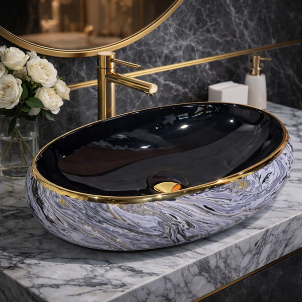 Designer Ceramic Wash Basin (Gold Rim, Black Gloss Interior, Marble-Style Swirl Pattern 24 x 16 x 6 In - AB013)