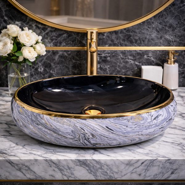 Designer Ceramic Wash Basin (Gold Rim, Black Gloss Interior, Marble-Style Swirl Pattern 24 x 16 x 6 In - AB013)