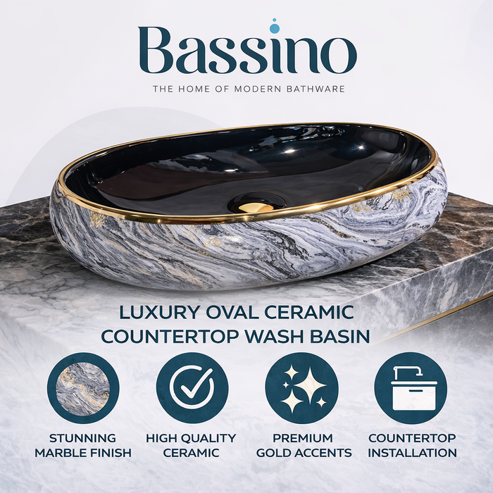 Designer Ceramic Wash Basin (Gold Rim, Black Gloss Interior, Marble-Style Swirl Pattern 24 x 16 x 6 In - AB013)