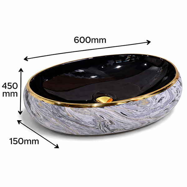 Designer Ceramic Wash Basin (Gold Rim, Black Gloss Interior, Marble-Style Swirl Pattern 24 x 16 x 6 In - AB013)