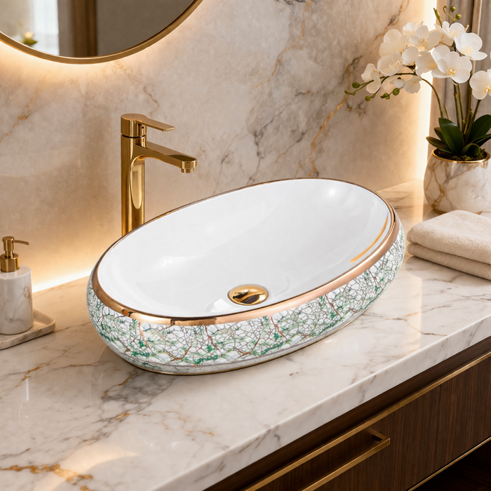 Premium Ceramic Wash Basin (Rose Gold Rim & Artistic Pattern 24 x 16 x 6 In - AB001)