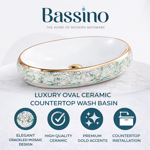 Premium Ceramic Wash Basin (Rose Gold Rim & Artistic Pattern 24 x 16 x 6 In - AB001)