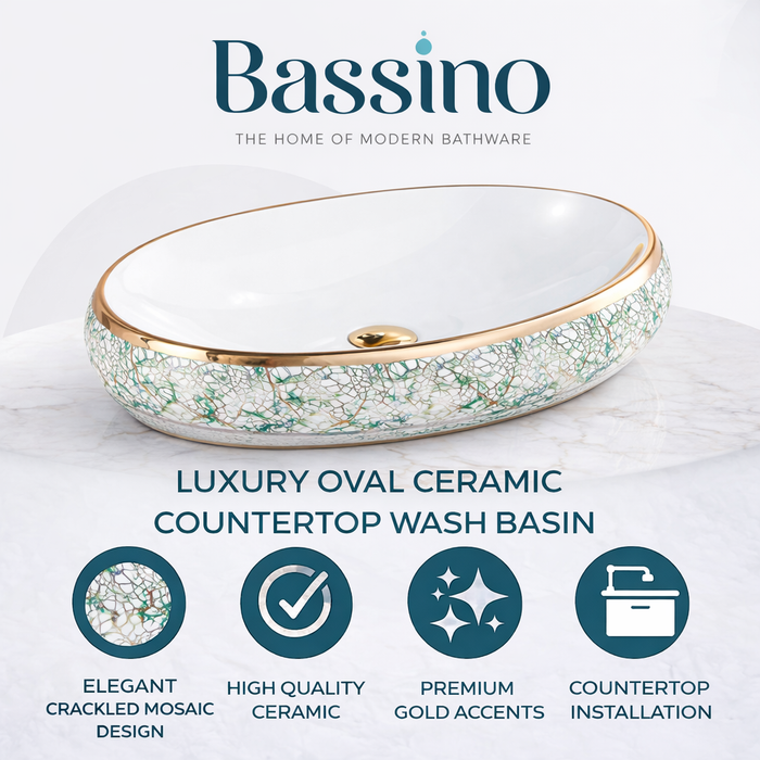 Premium Ceramic Wash Basin (Rose Gold Rim & Artistic Pattern 24 x 16 x 6 In - AB001)