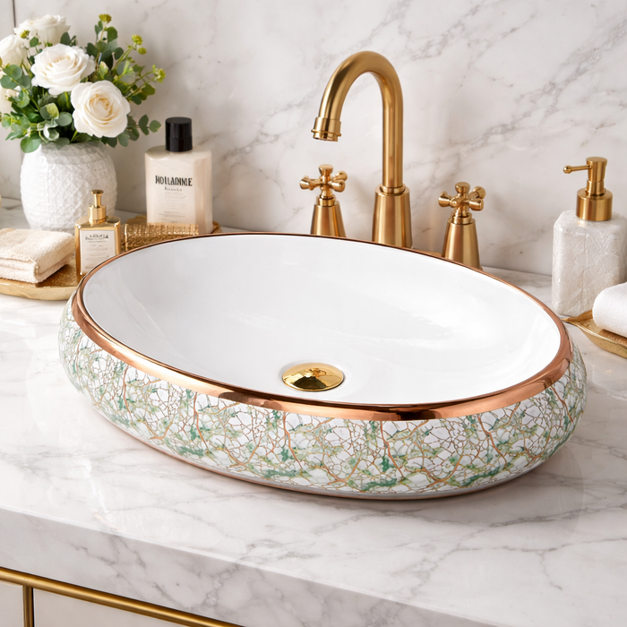 Premium Ceramic Wash Basin (Rose Gold Rim & Artistic Pattern 24 x 16 x 6 In - AB001)