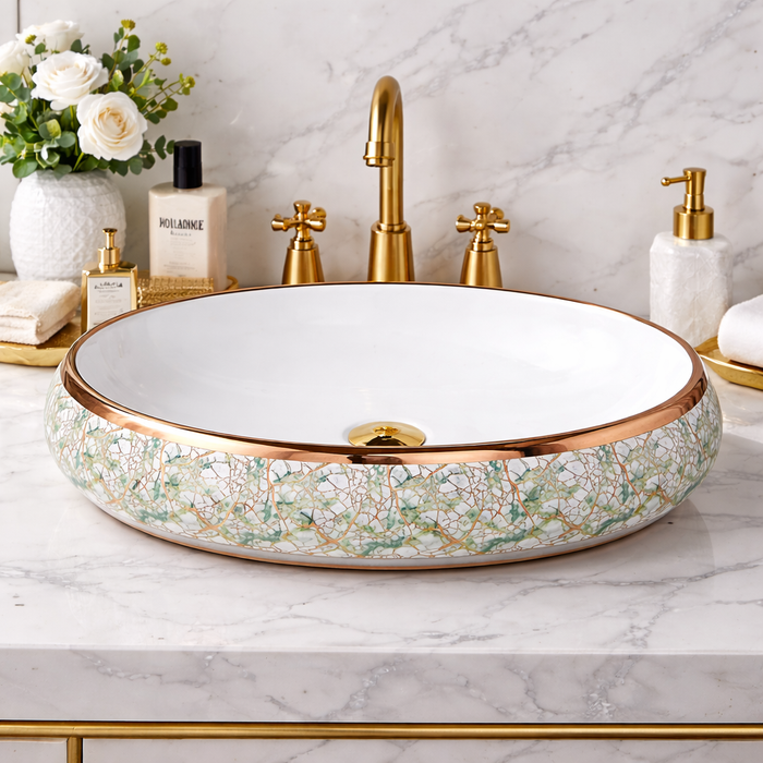 Premium Ceramic Wash Basin (Rose Gold Rim & Artistic Pattern 24 x 16 x 6 In - AB001)