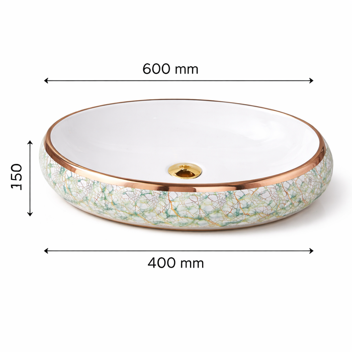 Premium Ceramic Wash Basin (Rose Gold Rim & Artistic Pattern 24 x 16 x 6 In - AB001)