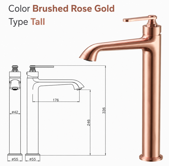 BASSINO Luxury Tall Basin Mixer Tap Modern Faucet | 5 Years Warranty Brushed Rose Gold