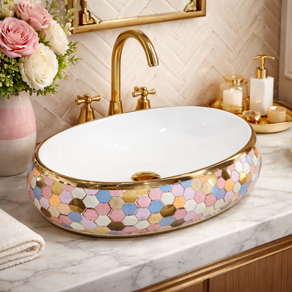 Designer Ceramic Basin (Gold Rim, Multicolor Hexagon Design 24x16x6 In BTT-11557)