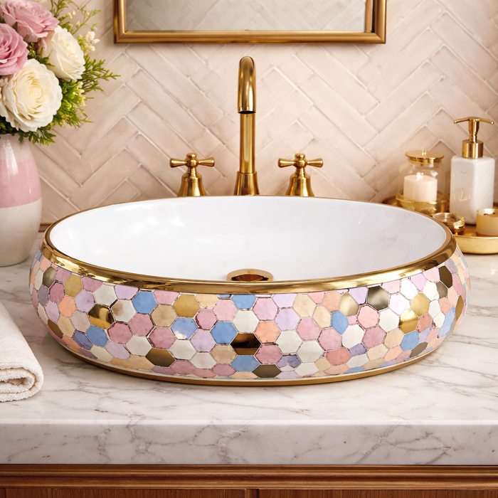 Designer Ceramic Basin (Gold Rim, Multicolor Hexagon Design 24x16x6 In BTT-11557)