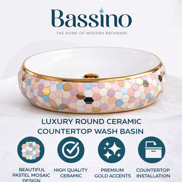 Designer Ceramic Basin (Gold Rim, Multicolor Hexagon Design 24x16x6 In BTT-11557)