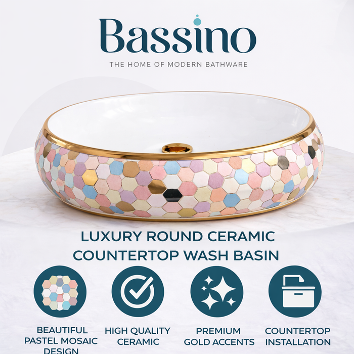 Designer Ceramic Basin (Gold Rim, Multicolor Hexagon Design 24x16x6 In BTT-11557)