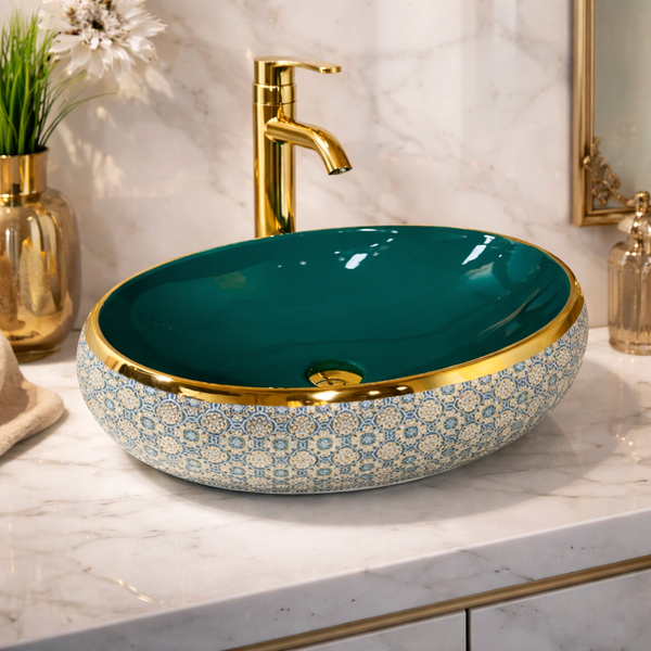 Designer Basin (Gold Rim, Emerald Green Interior, Blue Mosaic Pattern 24x16x6 In BTT-11560)