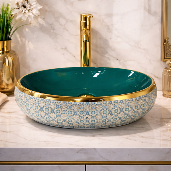 Designer Basin (Gold Rim, Emerald Green Interior, Blue Mosaic Pattern 24x16x6 In BTT-11560)