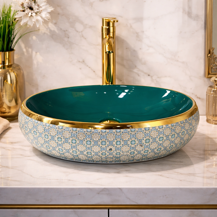 Designer Basin (Gold Rim, Emerald Green Interior, Blue Mosaic Pattern 24x16x6 In BTT-11560)