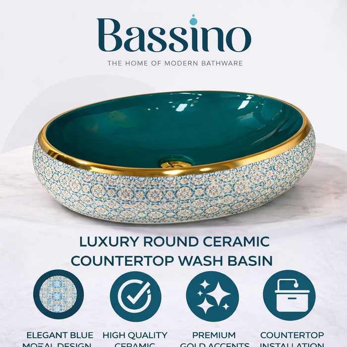 Designer Basin (Gold Rim, Emerald Green Interior, Blue Mosaic Pattern 24x16x6 In BTT-11560)