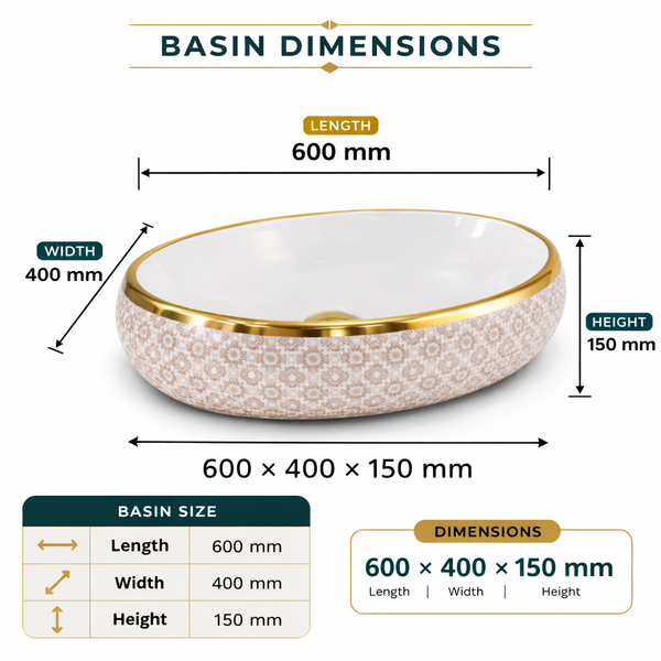 Designer Ceramic Wash Basin (Gold Rim & Pattern Design 24 x 16 x 6 In - AB010)