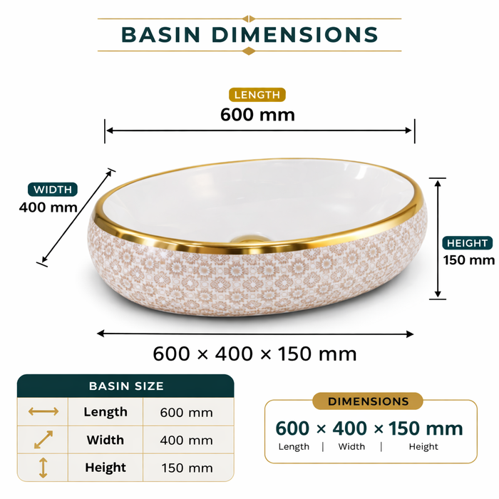Designer Ceramic Wash Basin (Gold Rim & Pattern Design 24 x 16 x 6 In - AB010)