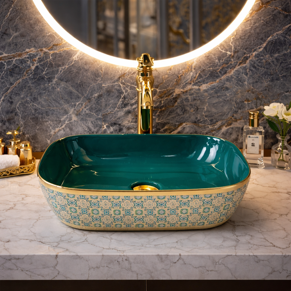 Designer Luxury Green & Gold Countertop Table Top Wash Basin |  (18" × 13" × 5" IN)