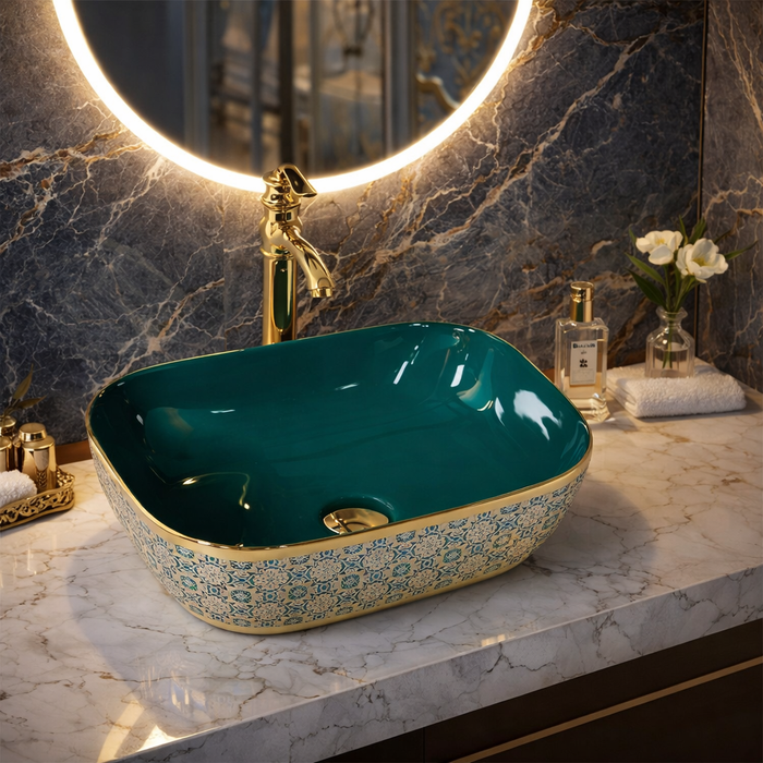Designer Luxury Green & Gold Countertop Table Top Wash Basin |  (18" × 13" × 5" IN)