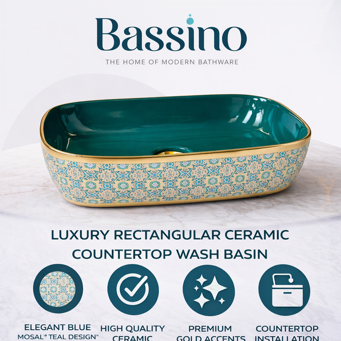Designer Luxury Green & Gold Countertop Table Top Wash Basin |  (18" × 13" × 5" IN)