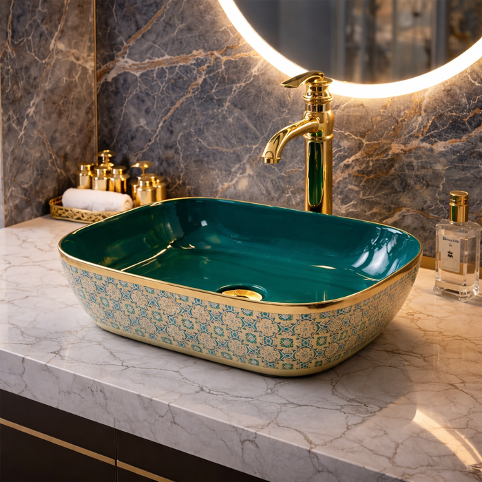 Designer Luxury Green & Gold Countertop Table Top Wash Basin |  (18" × 13" × 5" IN)