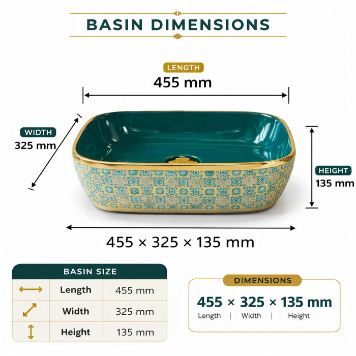 Designer Luxury Green & Gold Countertop Table Top Wash Basin |  (18" × 13" × 5" IN)