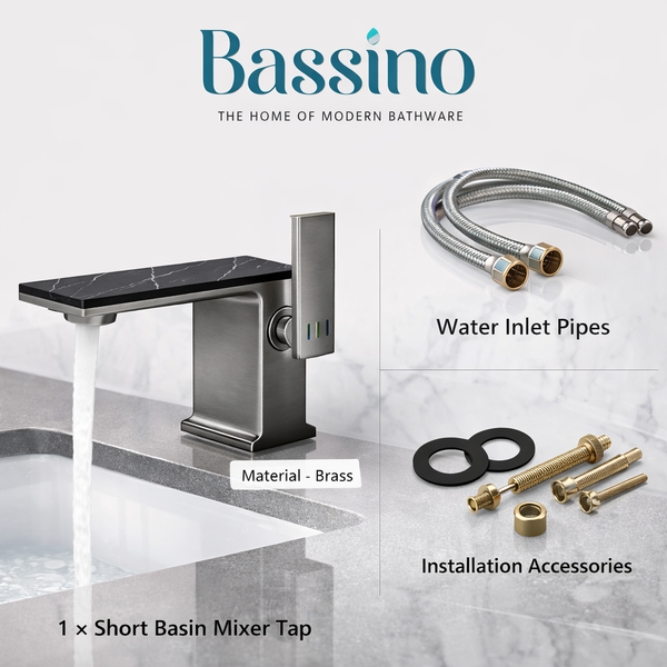 BASSINO Luxury Short Basin Mixer Tap Designer Faucet- 5 Years Warranty Gun Grey