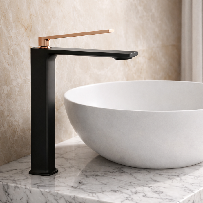 Premium Brass Tall Basin Mixer Faucet, Black Body with Rose Gold Handle (Hot & Cold) NCGF-510 – 5 Years Warranty