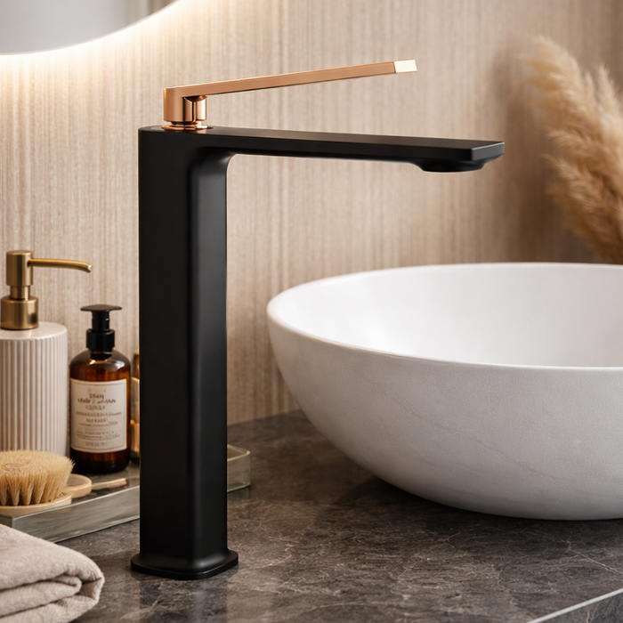 Premium Brass Tall Basin Mixer Faucet, Black Body with Rose Gold Handle (Hot & Cold) NCGF-510 – 5 Years Warranty