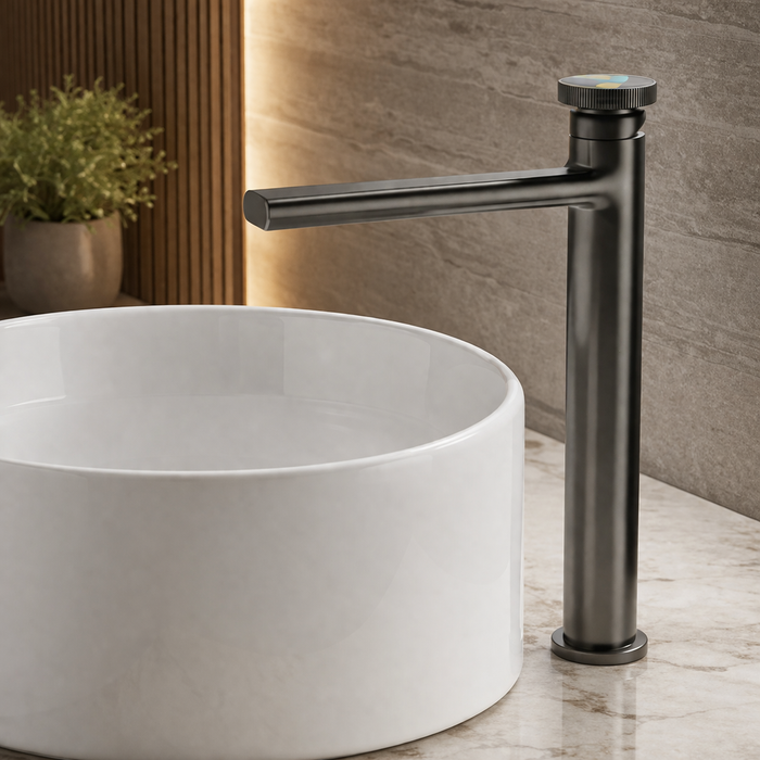 Premium Brass Tall Basin Mixer Tap, Gun Grey Finish, Tall Size (NCGF 509) – 5 Years Warranty