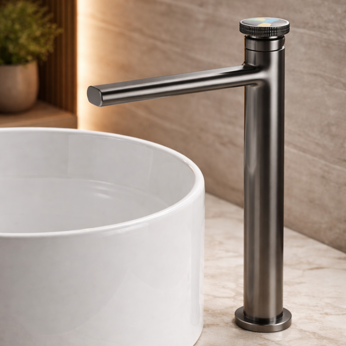 Premium Brass Tall Basin Mixer Tap, Gun Grey Finish, Tall Size (NCGF 509) – 5 Years Warranty