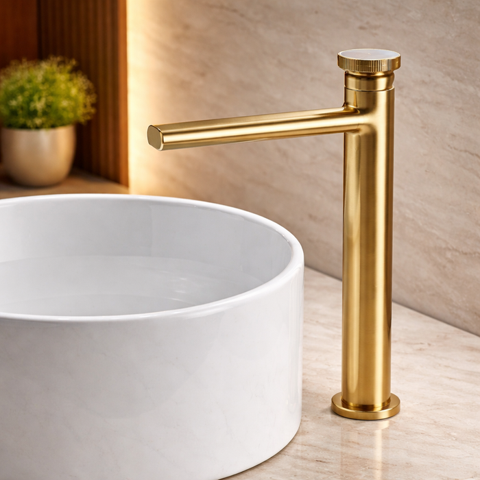 Premium Brass Tall Basin Mixer Tap, Brushed Gold Finish, Tall Size (NCGF 507) – 5 Years Warranty