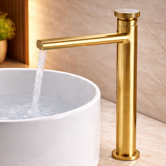 Premium Brass Tall Basin Mixer Tap, Brushed Gold Finish, Tall Size (NCGF 507) – 5 Years Warranty