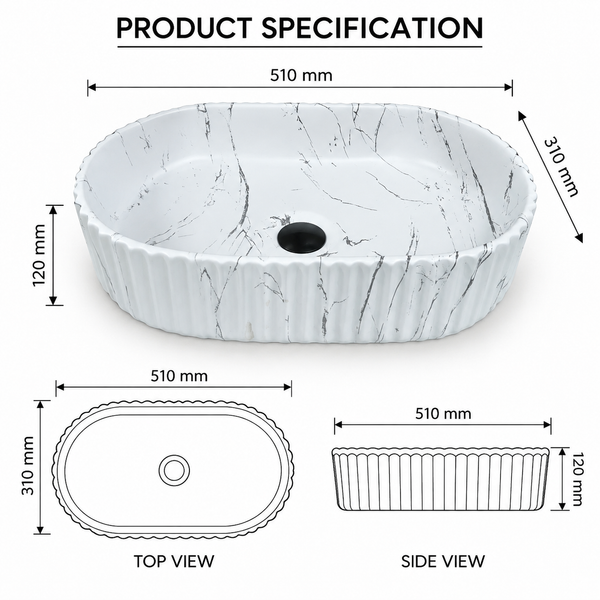 White Marble Fluted Ceramic Table Top Wash Basin – 510×310×120 mm