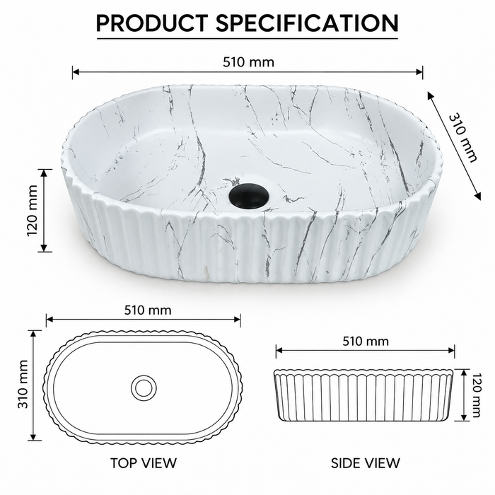 White Marble Fluted Ceramic Table Top Wash Basin – 510×310×120 mm